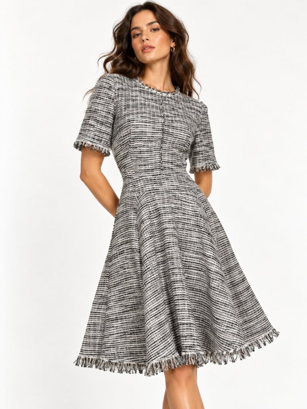REBECCA TAYLOR Tweed Boucle Black White Dress 2